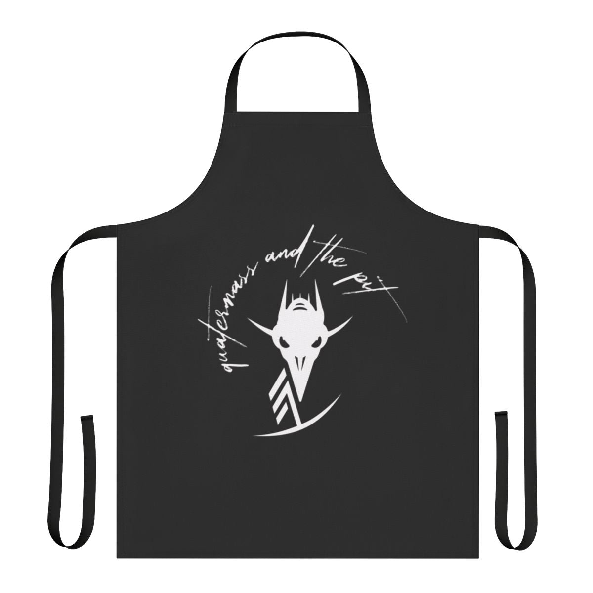 A black apron featuring a design inspired by the classic horror film "Quatermass and the Pit"