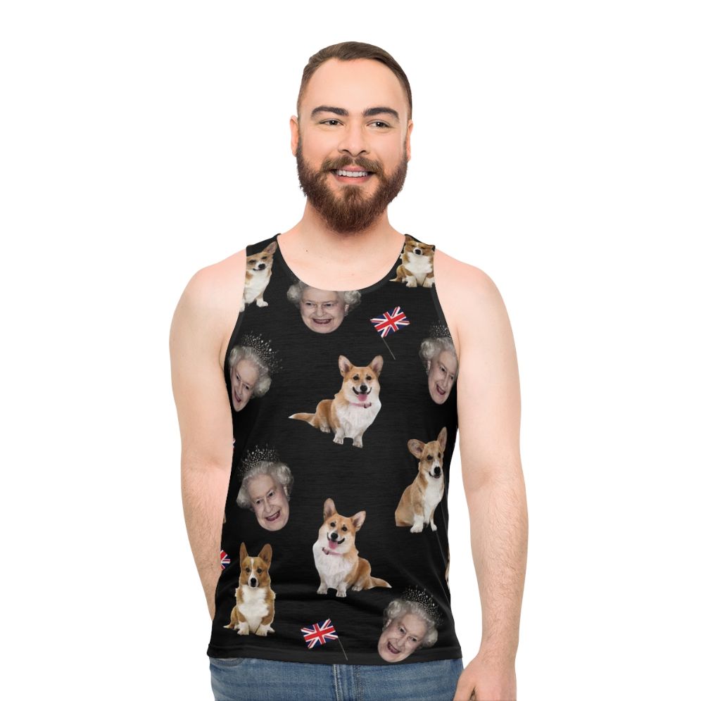 Unisex tank top featuring a pattern design of Queen Elizabeth and her corgis