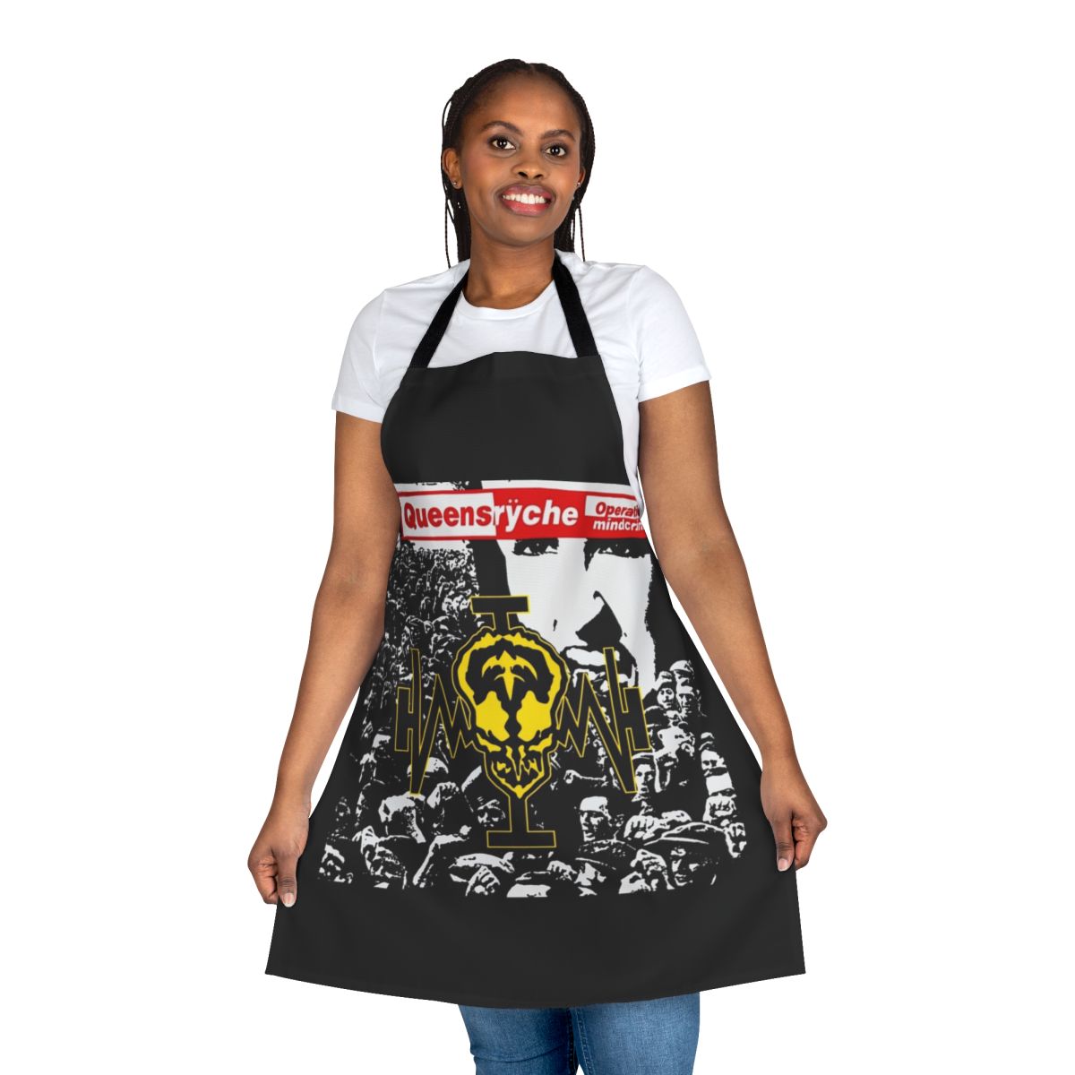 Queensryche-inspired apron featuring the iconic band's logo and album artwork