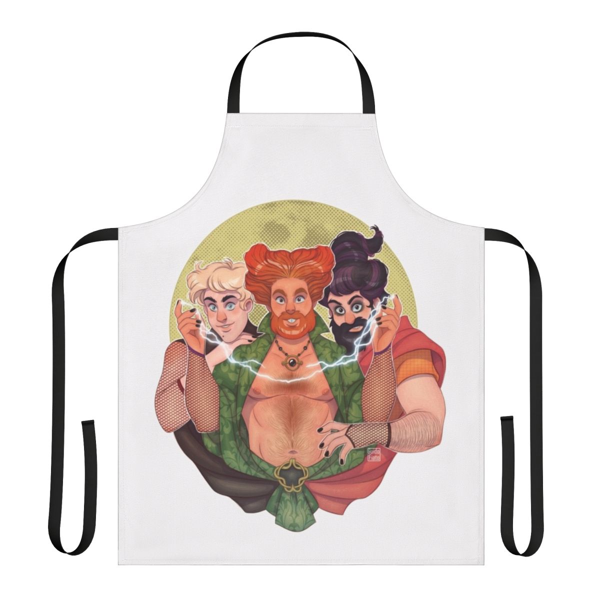 Hocus Pocus-themed apron featuring muscular bearded men in a queer art style