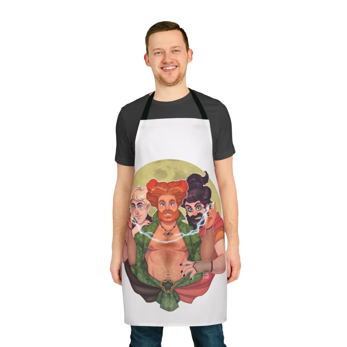 Hocus Pocus-themed apron featuring muscular bearded men in a queer art style