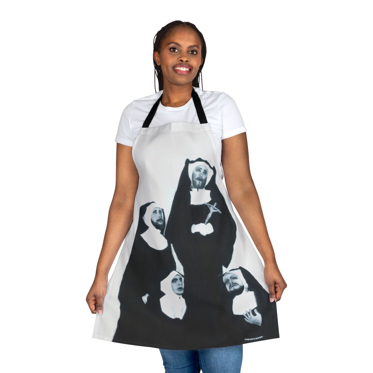 An apron featuring the iconic Sisters of Perpetual Indulgence imagery, celebrating LGBTQ+ pride and identity.