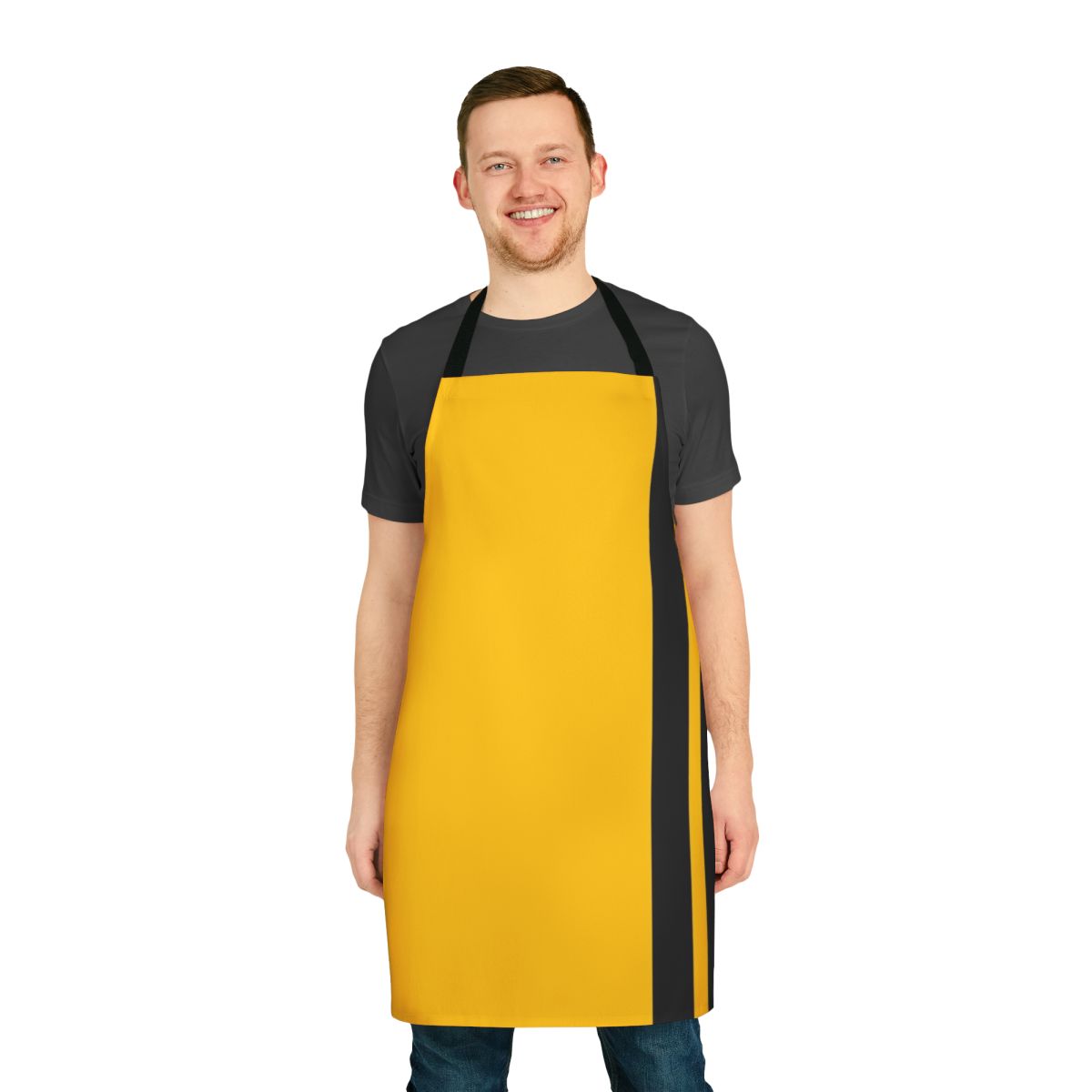 A yellow apron with a black Japanese-style graphic, inspired by the Kill Bill movies directed by Quentin Tarantino.