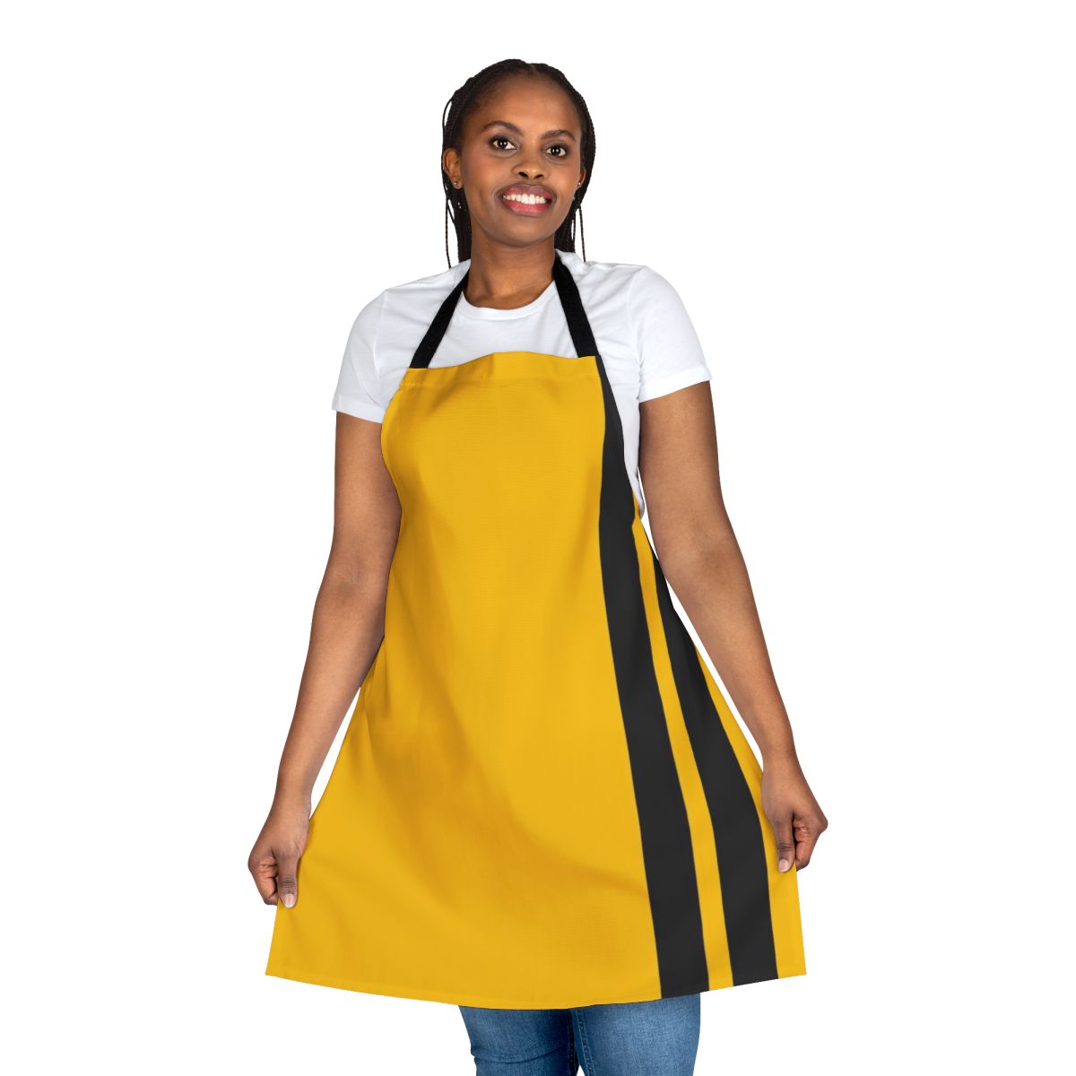 A yellow apron with a black Japanese-style graphic, inspired by the Kill Bill movies directed by Quentin Tarantino.