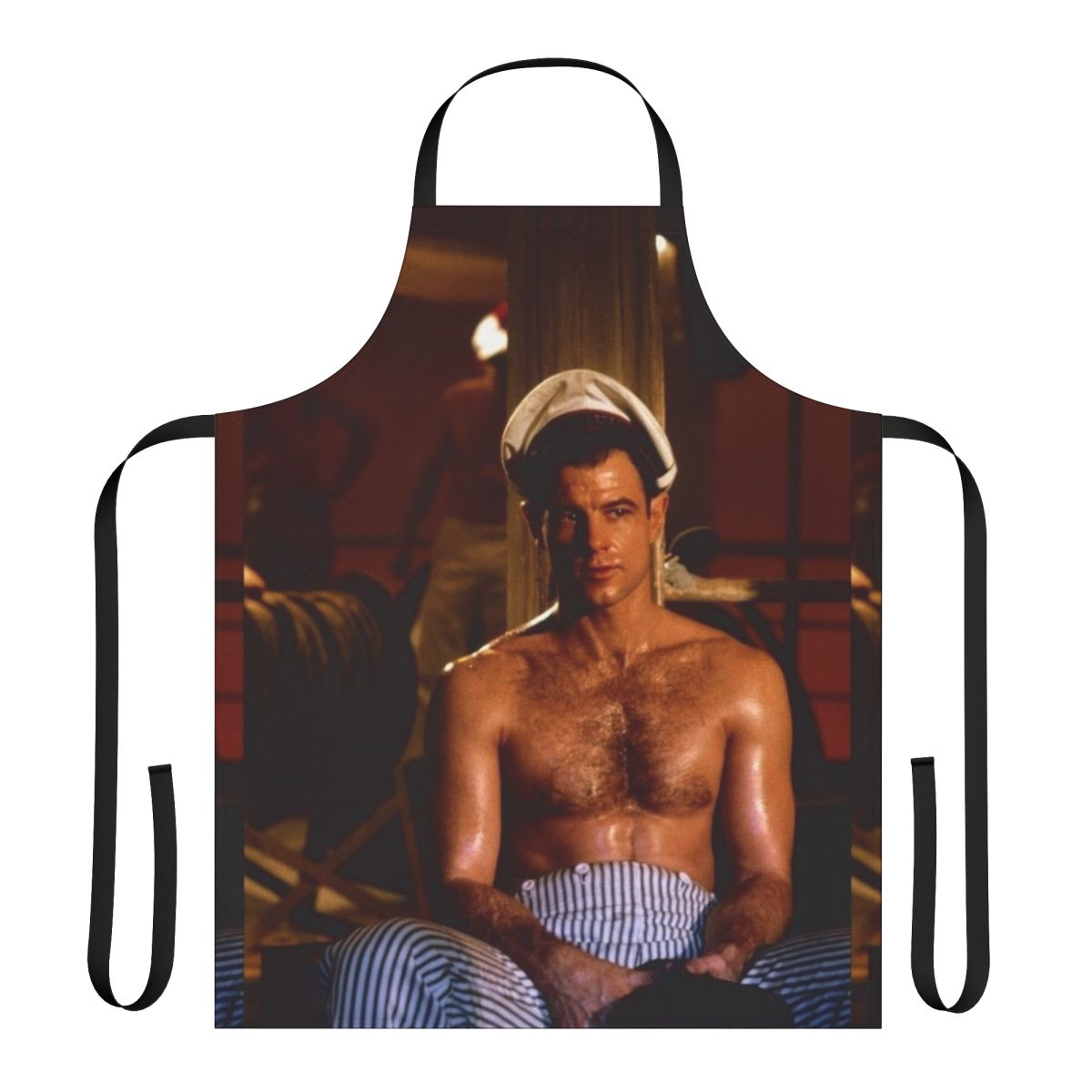 Apron featuring a topless, hairy-chested man in a naval uniform, inspired by the classic gay film Querelle.