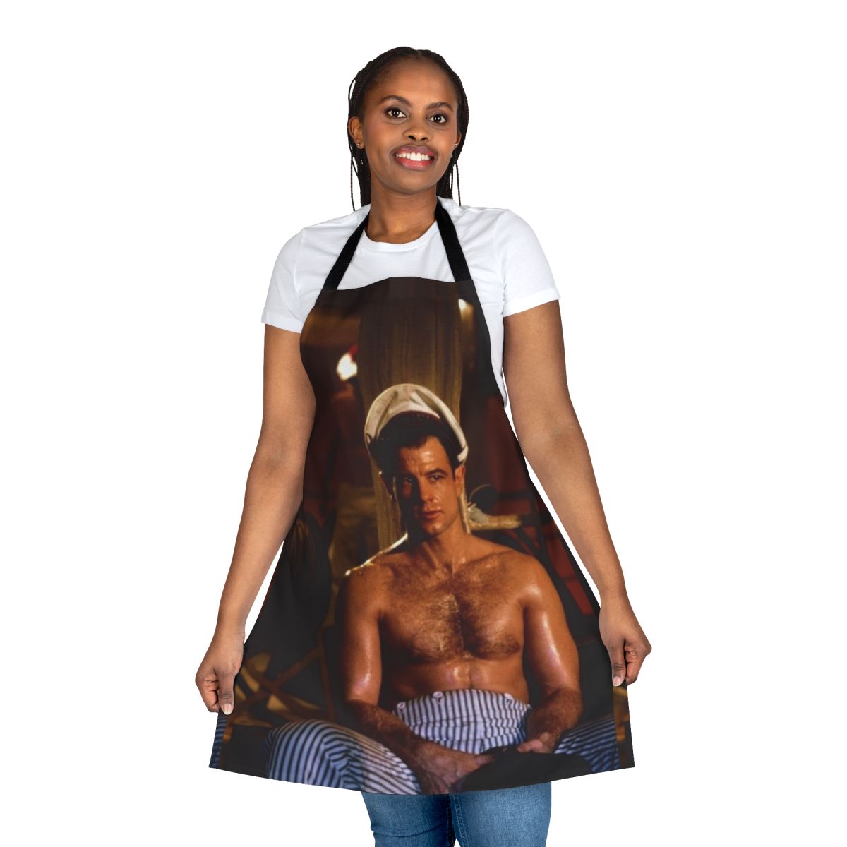 Apron featuring a topless, hairy-chested man in a naval uniform, inspired by the classic gay film Querelle.
