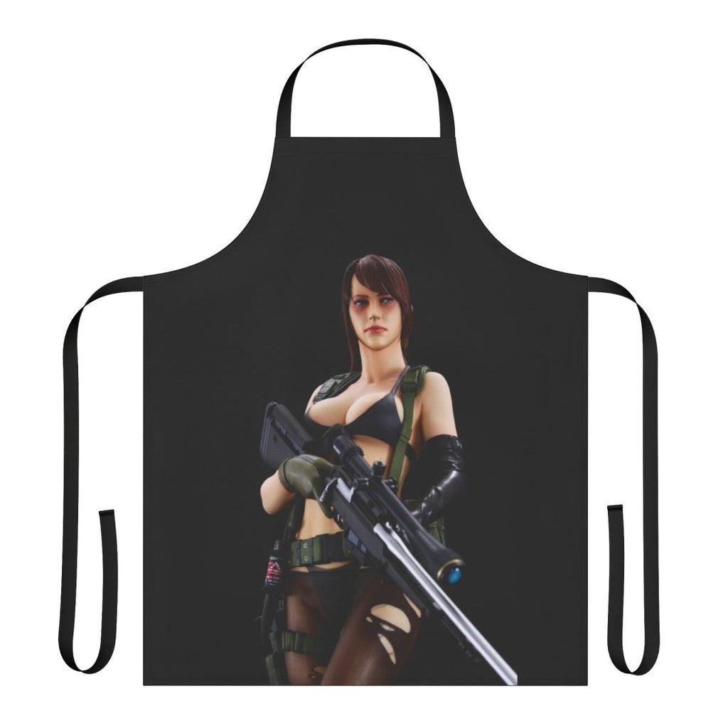 A stylized apron featuring the character Quiet from the Metal Gear Solid video game series.