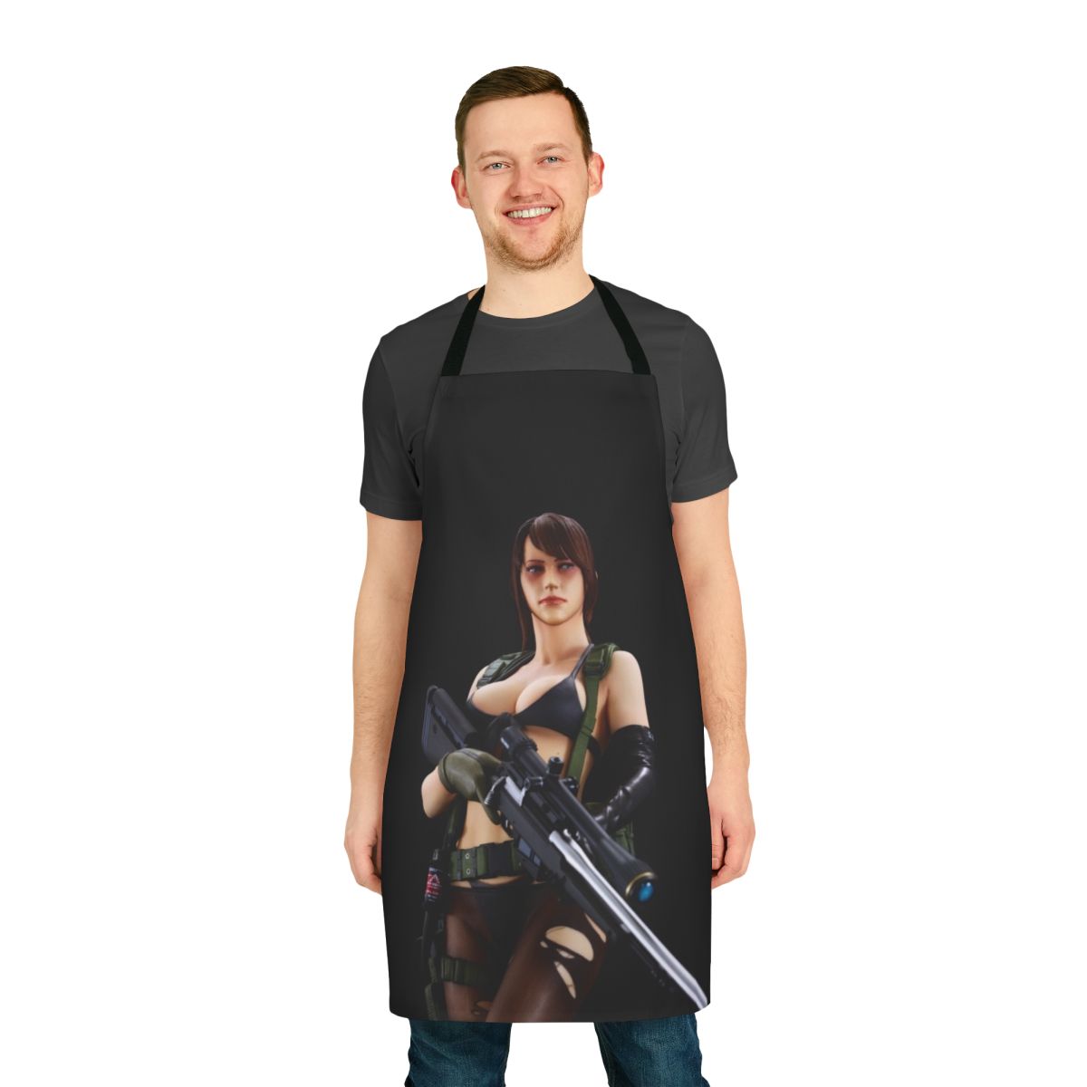 A stylized apron featuring the character Quiet from the Metal Gear Solid video game series.