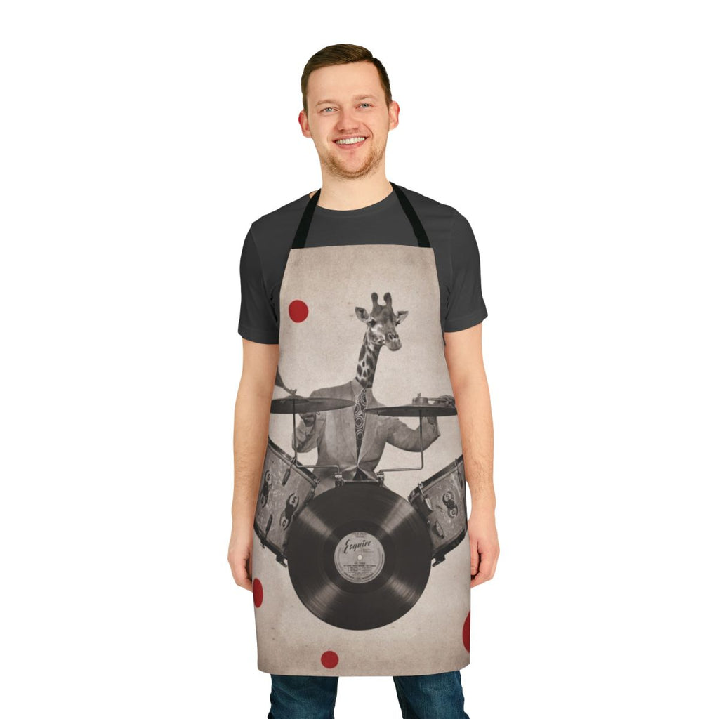 An apron featuring a surreal, anthropomorphic giraffe playing drums.