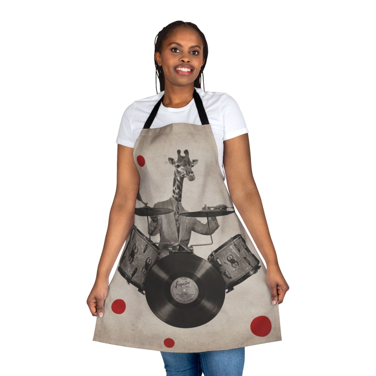 An apron featuring a surreal, anthropomorphic giraffe playing drums.
