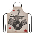 An apron featuring a surreal, anthropomorphic giraffe playing drums.