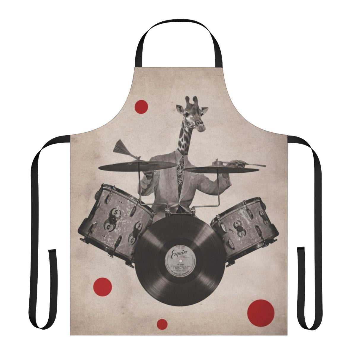An apron featuring a surreal, anthropomorphic giraffe playing drums.