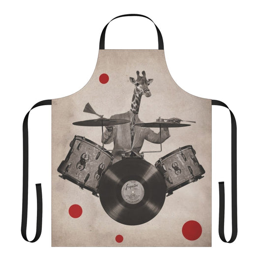 An apron featuring a surreal, anthropomorphic giraffe playing drums.