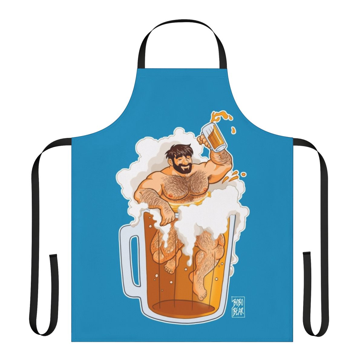 Illustrated apron featuring a large, hairy bear character wearing a beer apron
