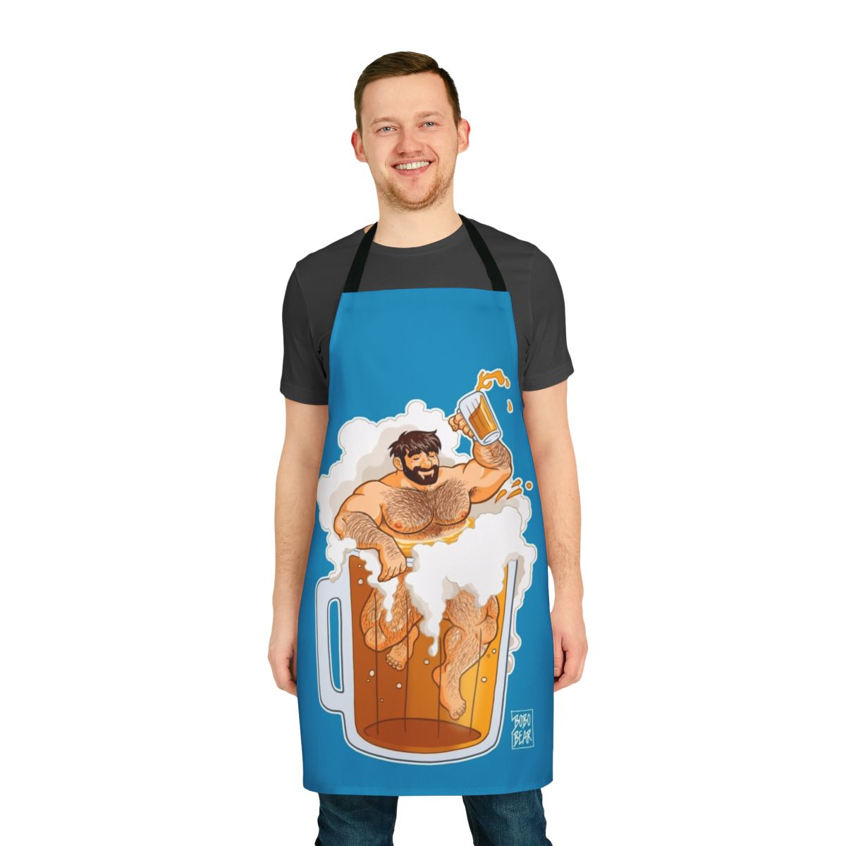 Illustrated apron featuring a large, hairy bear character wearing a beer apron