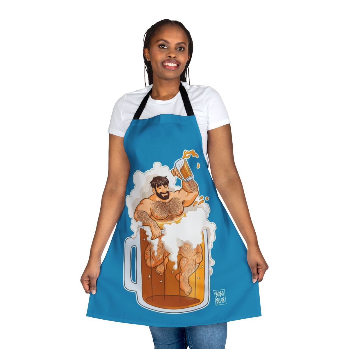 Illustrated apron featuring a large, hairy bear character wearing a beer apron