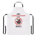 A white apron featuring a quirky, weirdcore-style image of the character Bigweld from the movie Robots, designed for Christian moms.
