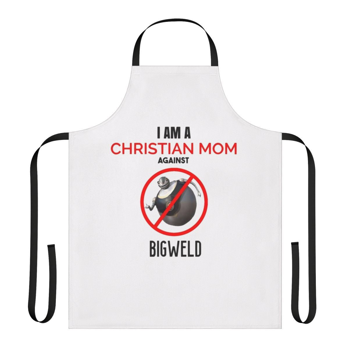 A white apron featuring a quirky, weirdcore-style image of the character Bigweld from the movie Robots, designed for Christian moms.