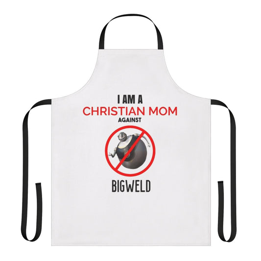 A white apron featuring a quirky, weirdcore-style image of the character Bigweld from the movie Robots, designed for Christian moms.