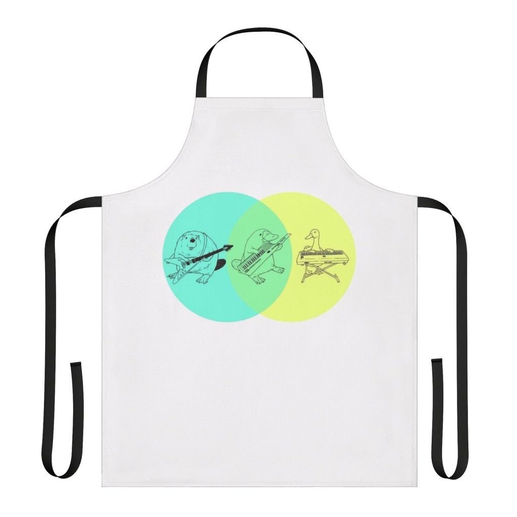 Colorful apron featuring a keytar, platypus, and Venn diagram design