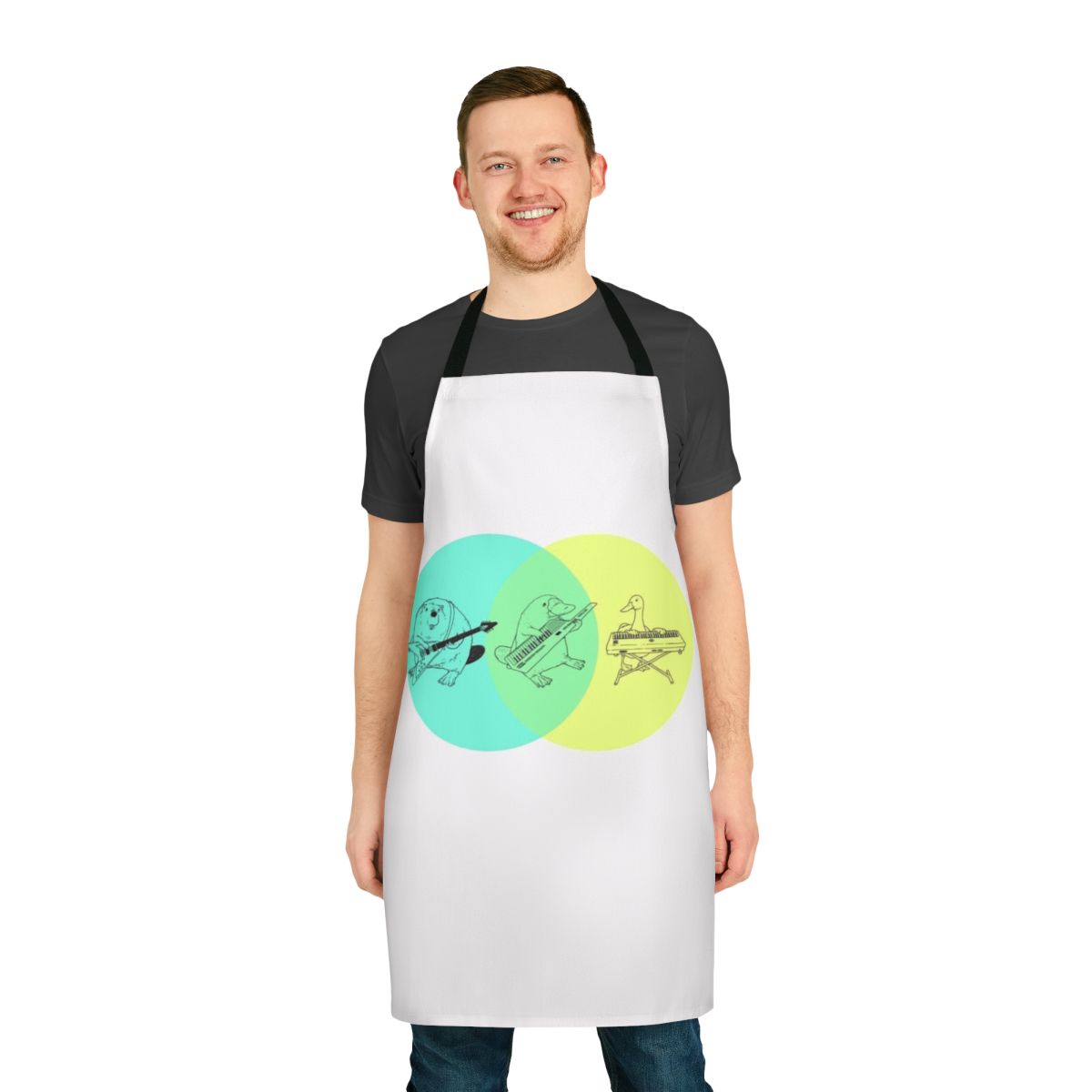 Colorful apron featuring a keytar, platypus, and Venn diagram design
