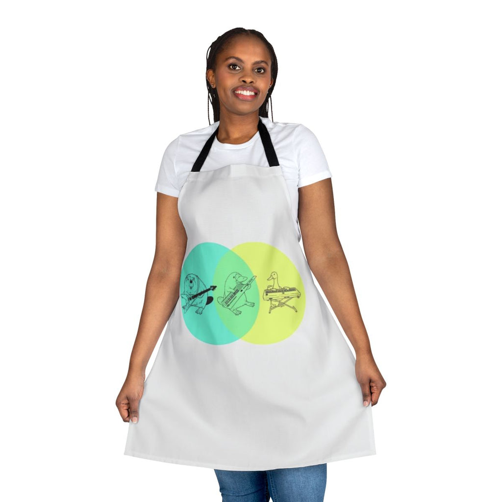 Colorful apron featuring a keytar, platypus, and Venn diagram design