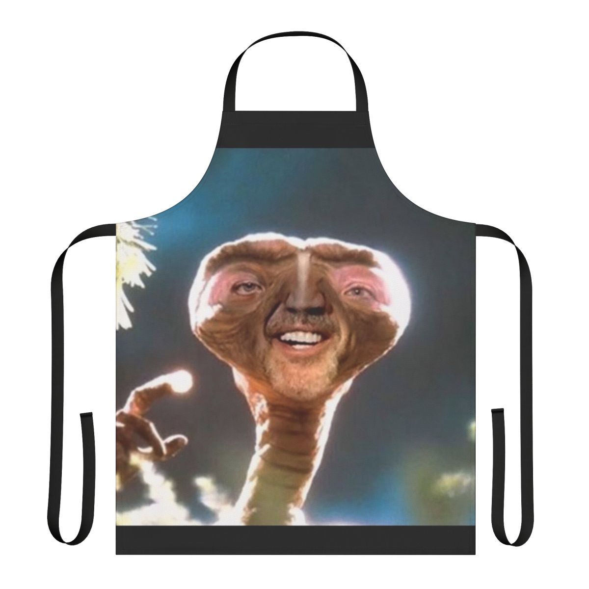 Illustration of Nicolas Cage's face superimposed on E.T. the Extra-Terrestrial's body, printed on an apron