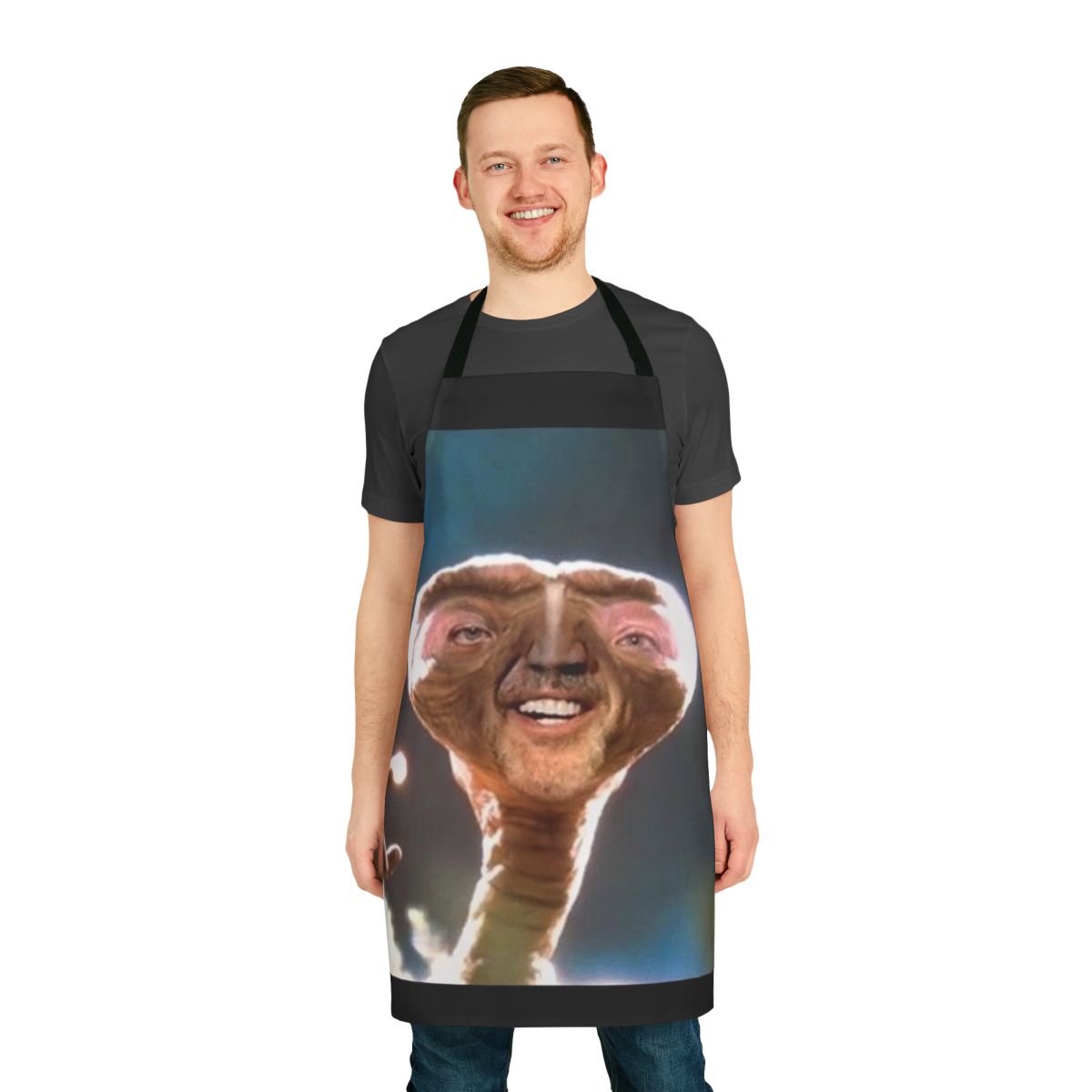 Illustration of Nicolas Cage's face superimposed on E.T. the Extra-Terrestrial's body, printed on an apron