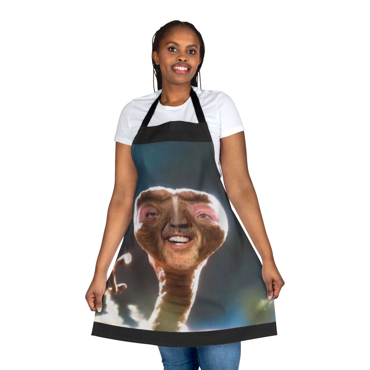 Illustration of Nicolas Cage's face superimposed on E.T. the Extra-Terrestrial's body, printed on an apron