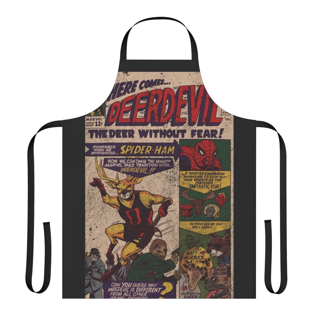 "Quirky superhero-themed apron with deer and daredevil design"