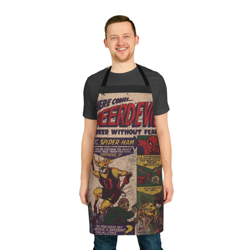 "Quirky superhero-themed apron with deer and daredevil design"