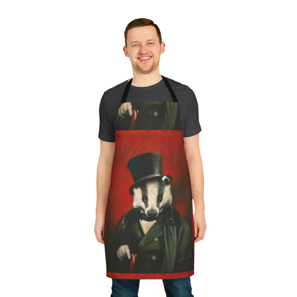 Colorful acrylic painting of a badger wearing a top hat on a white apron