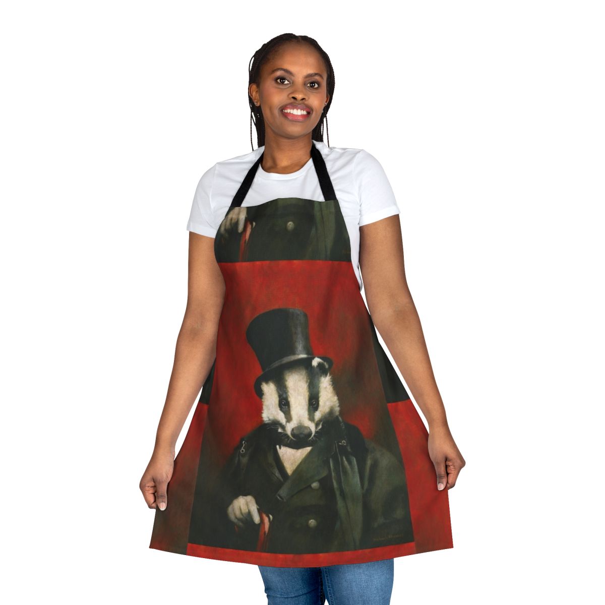 Colorful acrylic painting of a badger wearing a top hat on a white apron
