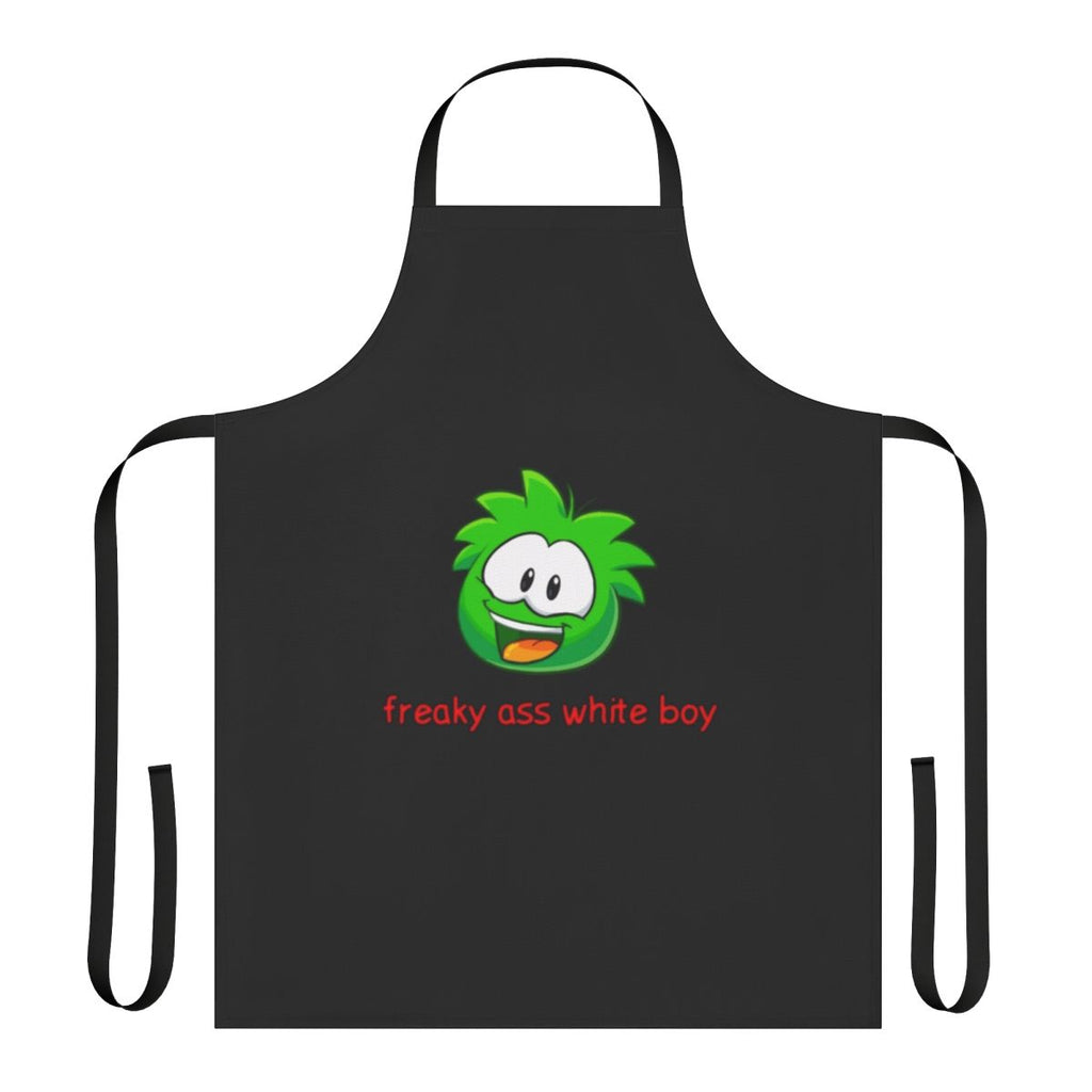 A white apron with a humorous, quirky design for unique cooks and bakers.