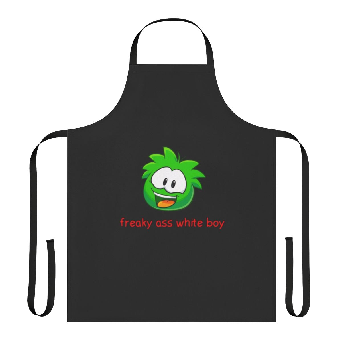 A white apron with a humorous, quirky design for unique cooks and bakers.
