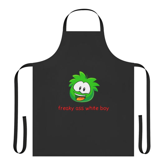A white apron with a humorous, quirky design for unique cooks and bakers.