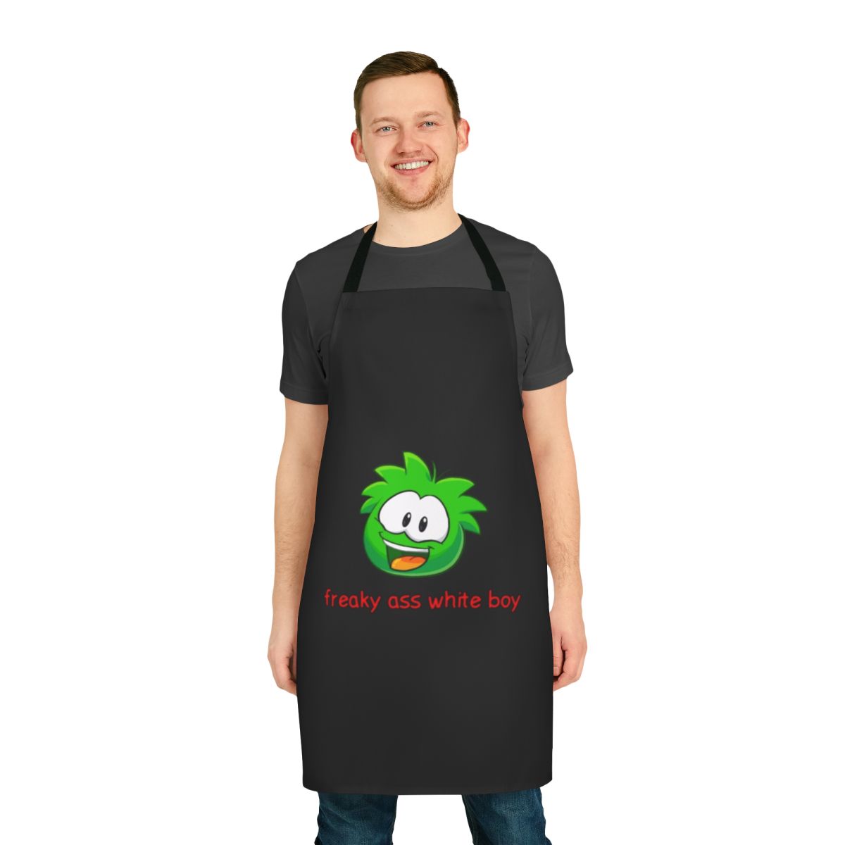 A white apron with a humorous, quirky design for unique cooks and bakers.