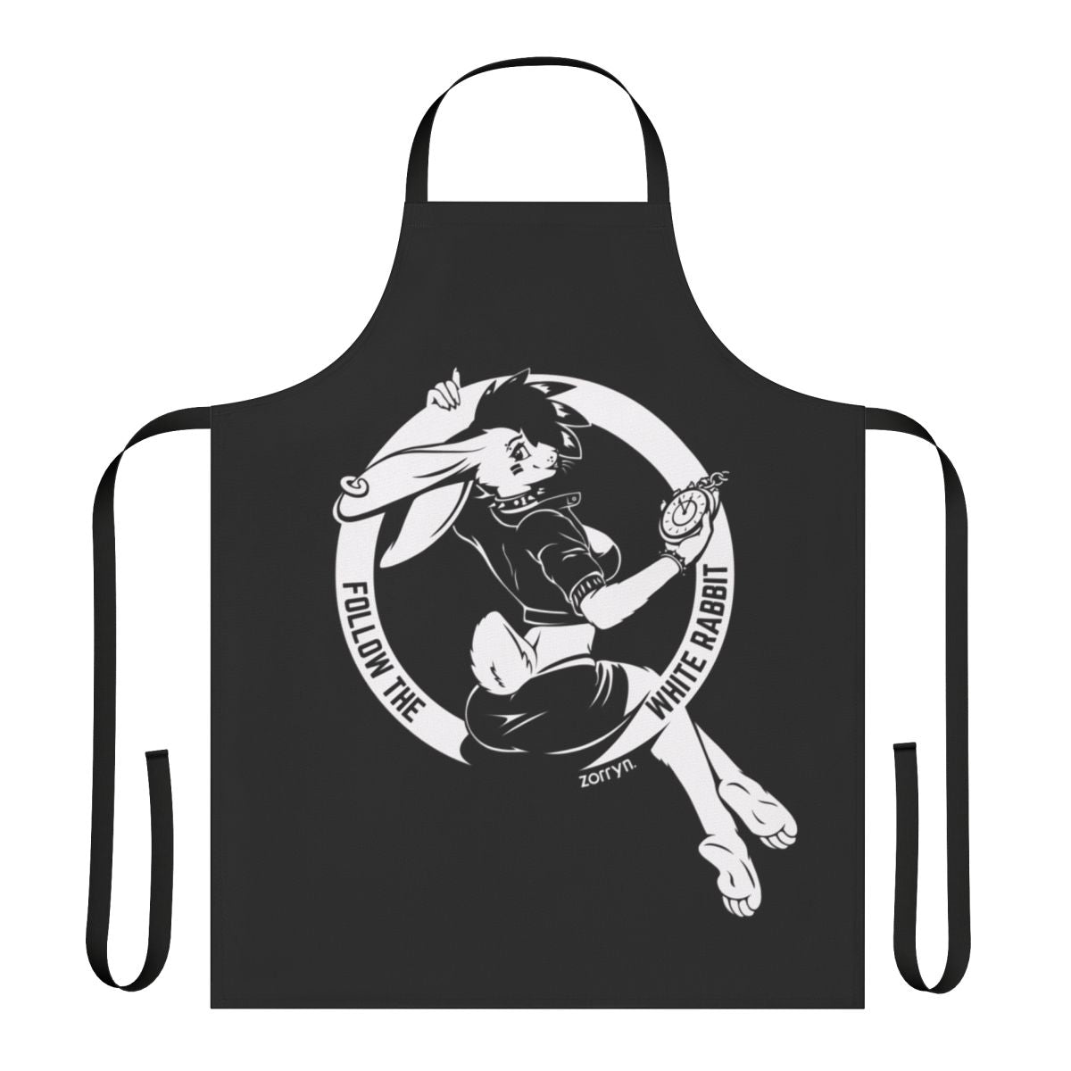White rabbit with a bold, pop art-inspired design on a black and white apron