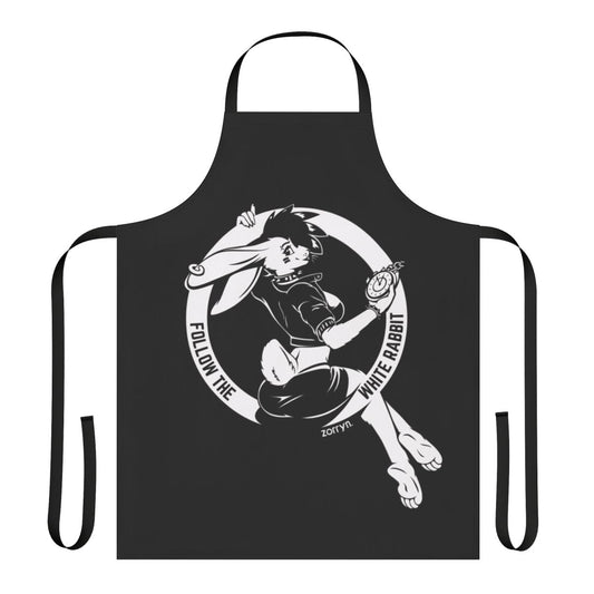 White rabbit with a bold, pop art-inspired design on a black and white apron