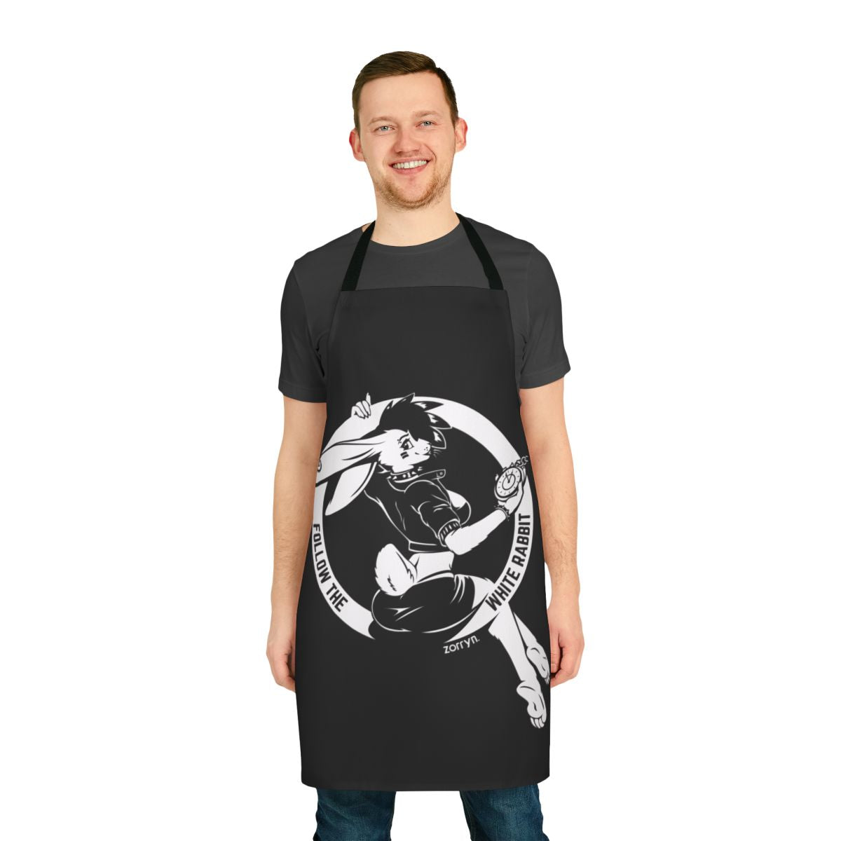 White rabbit with a bold, pop art-inspired design on a black and white apron