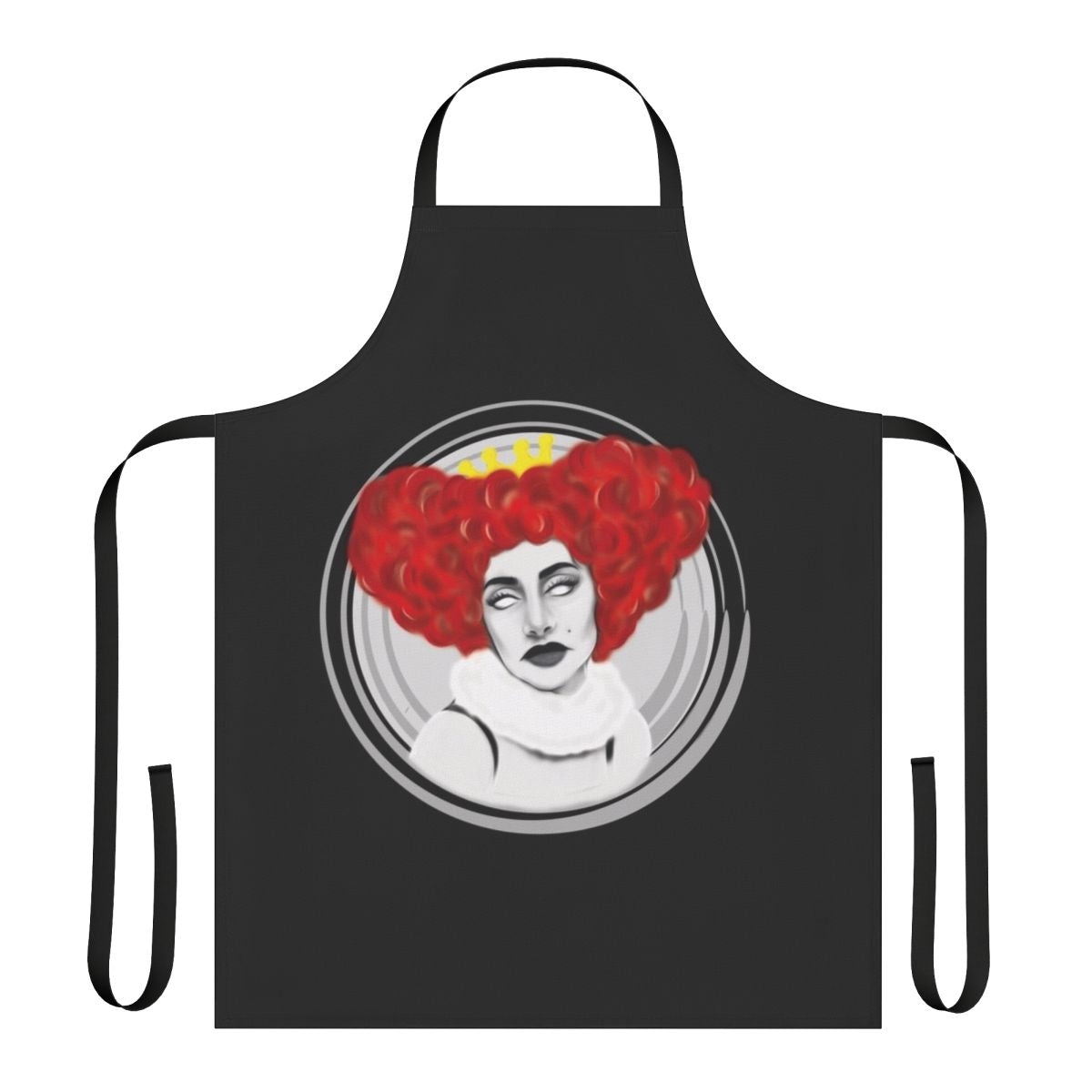A woman wearing a Qveen Herby-inspired kitchen apron with the artist's name and album cover design.