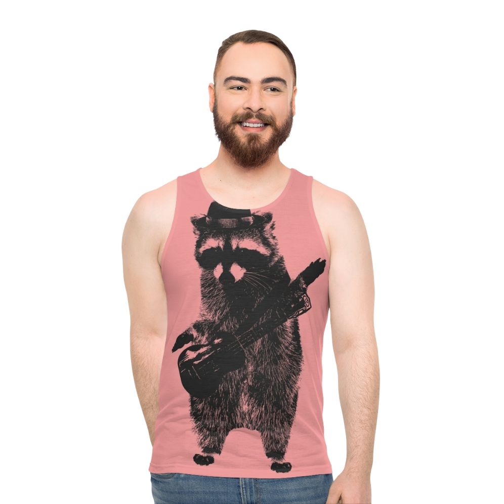 Raccoon wielding ukulele graphic on unisex tank top