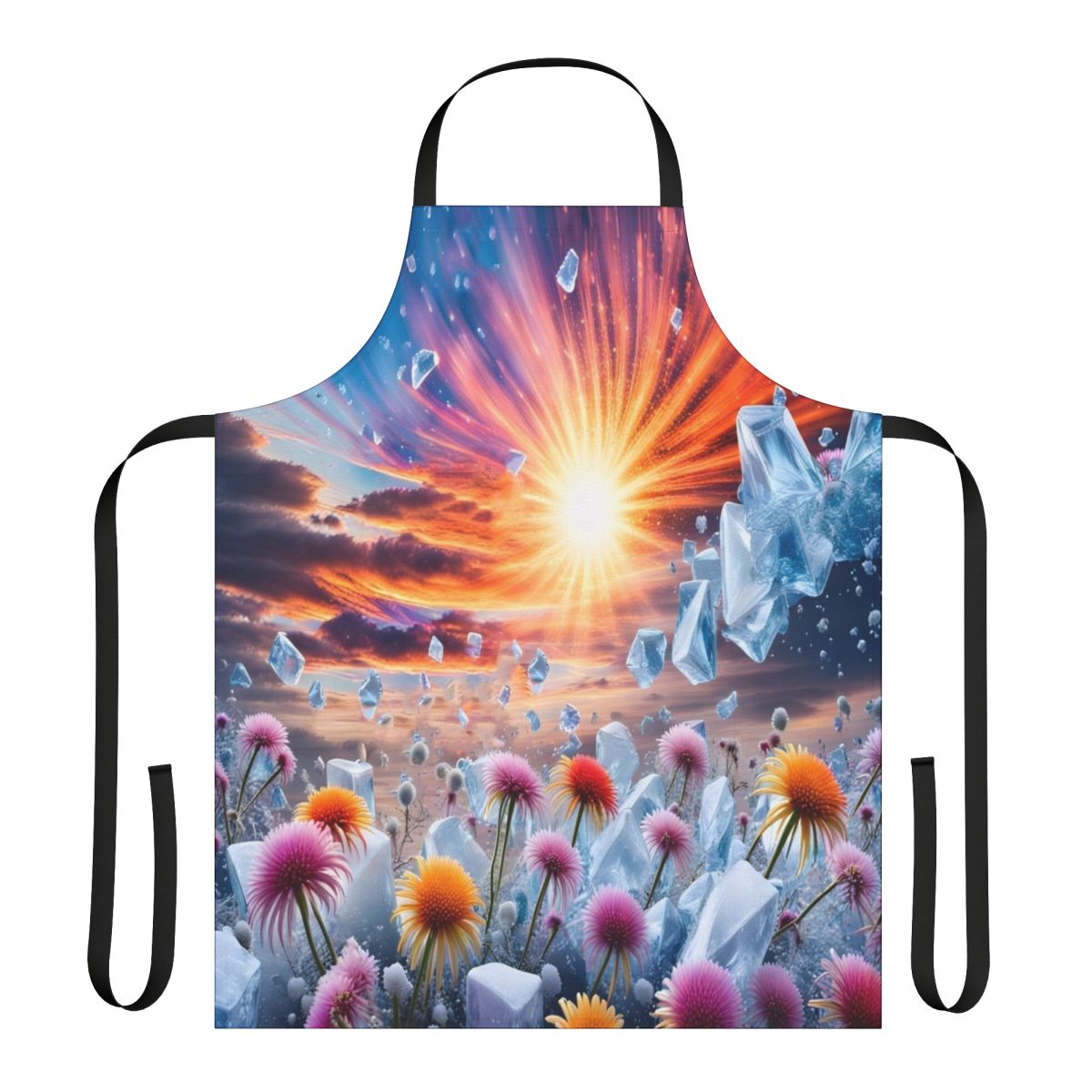 Vibrant floral apron with a sunset motif, perfect for cooking and baking.
