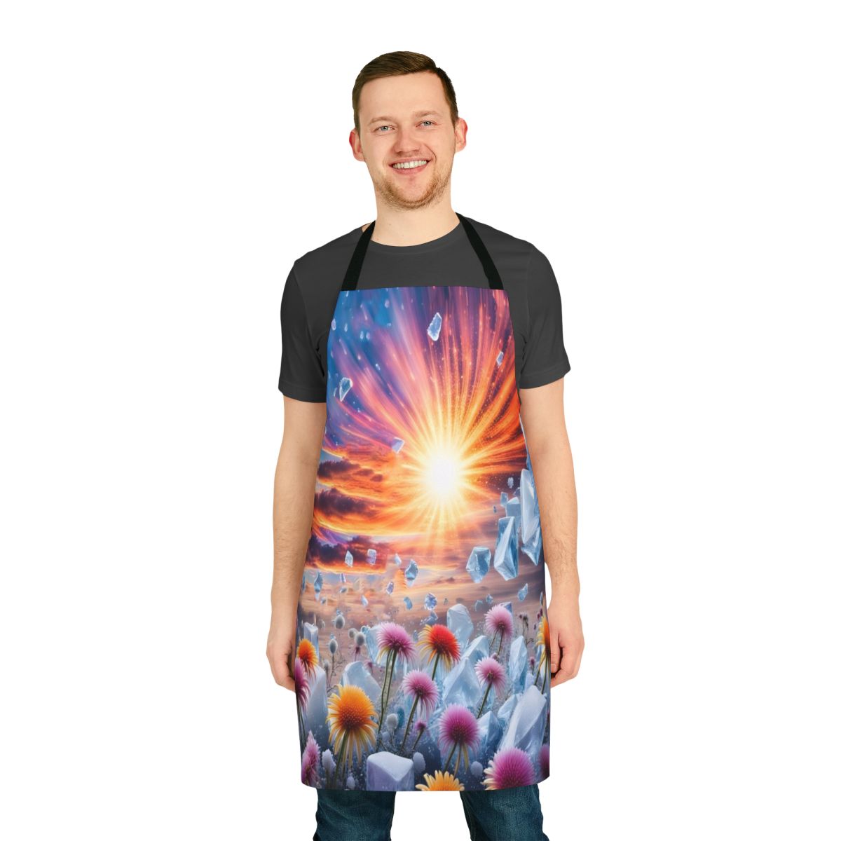 Vibrant floral apron with a sunset motif, perfect for cooking and baking.