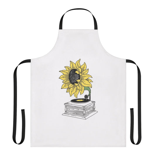 Sunflower apron with vintage gramophone and music notes