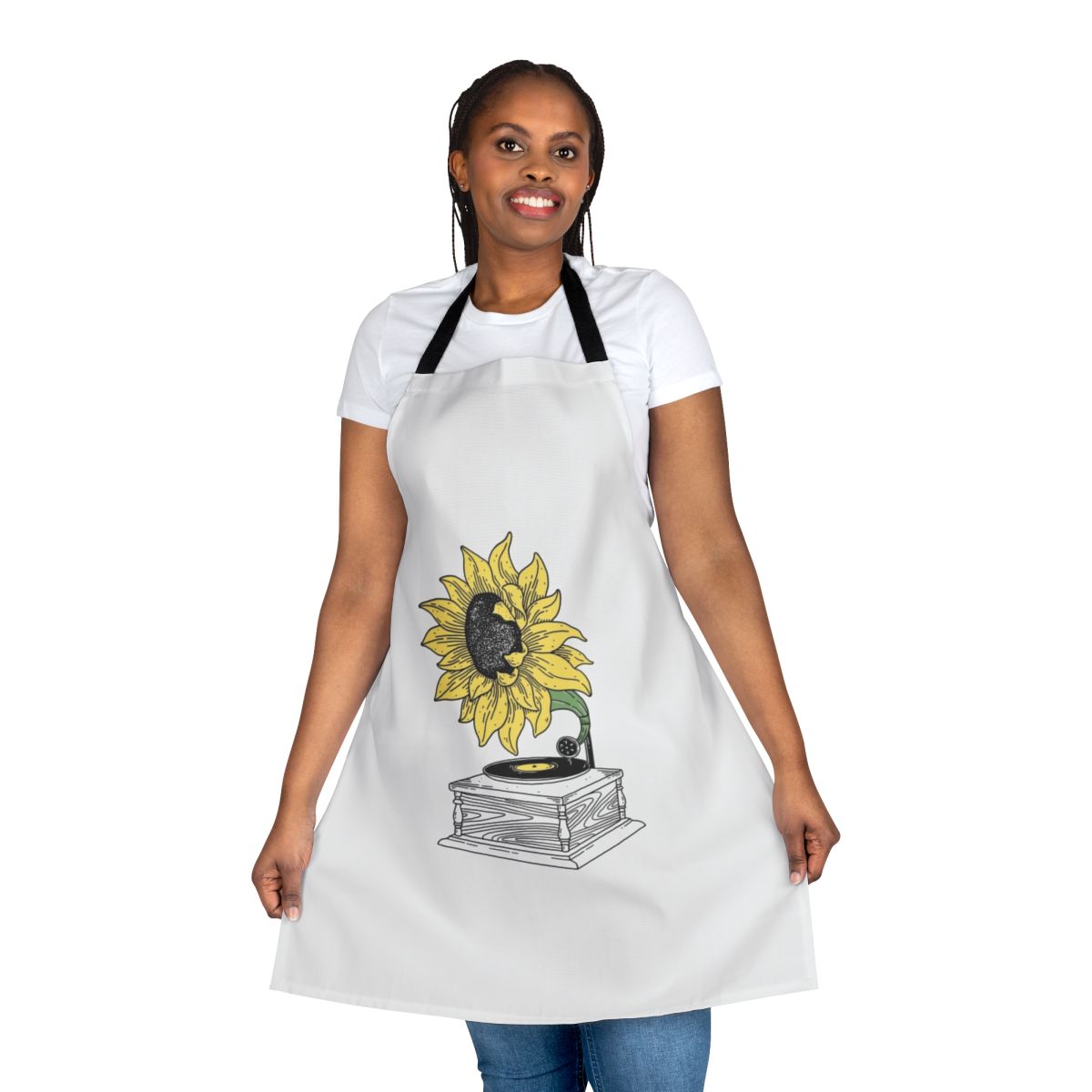 Sunflower apron with vintage gramophone and music notes