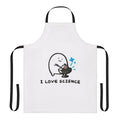 "Radioactive science themed apron with nuclear elements and blue sparks"