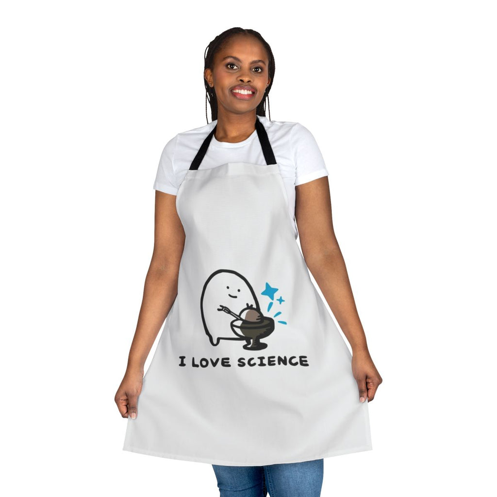 "Radioactive science themed apron with nuclear elements and blue sparks"