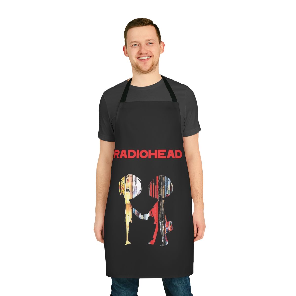 Radiohead-inspired apron with band logo and album artwork