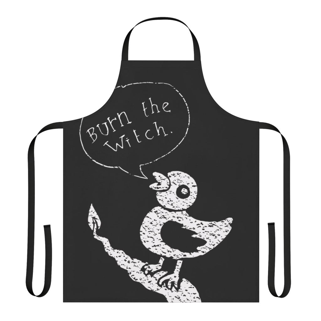 White apron with "Burn the Witch" lyrics inspired by Radiohead's music